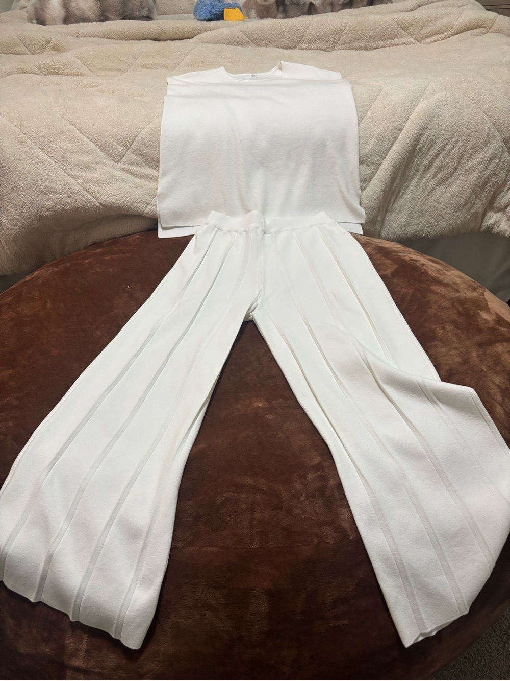 2pc loungewear with Ribbed Wide-Leg Knit Pants — White